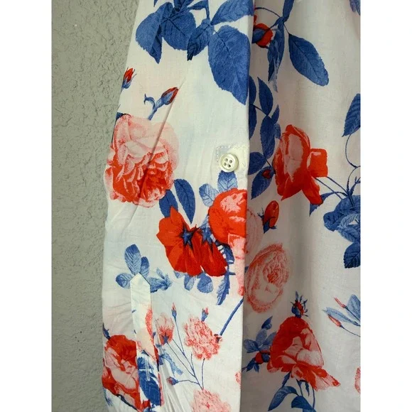 Talbots Womens Red Blue Floral Rose Print Cotton Roll Tab Sleeve Blouse Top - Picture 2 of 4